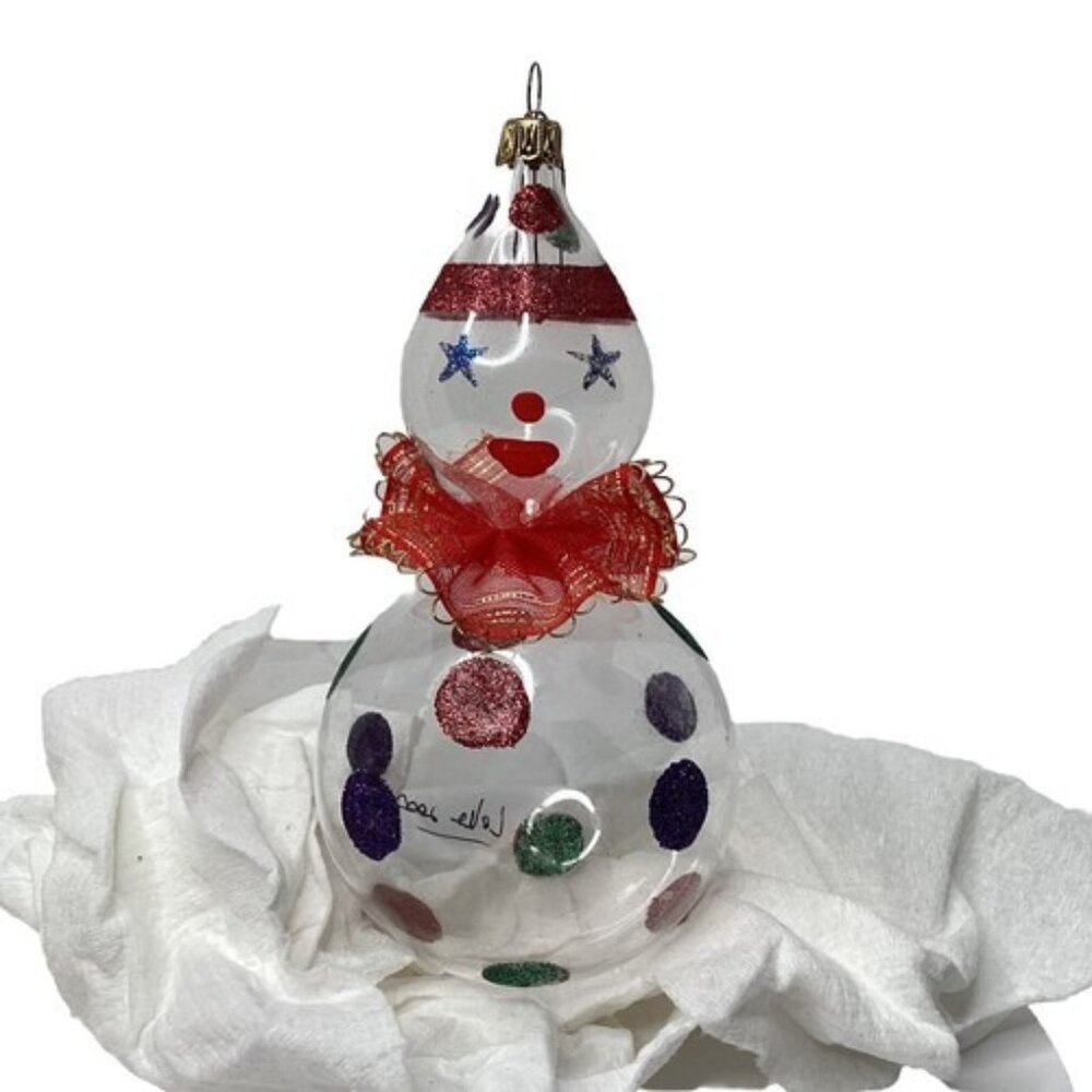 Pier 1 Blown Glass Hand Painted Clown Snowman Christmas Ornament Signed Italy
